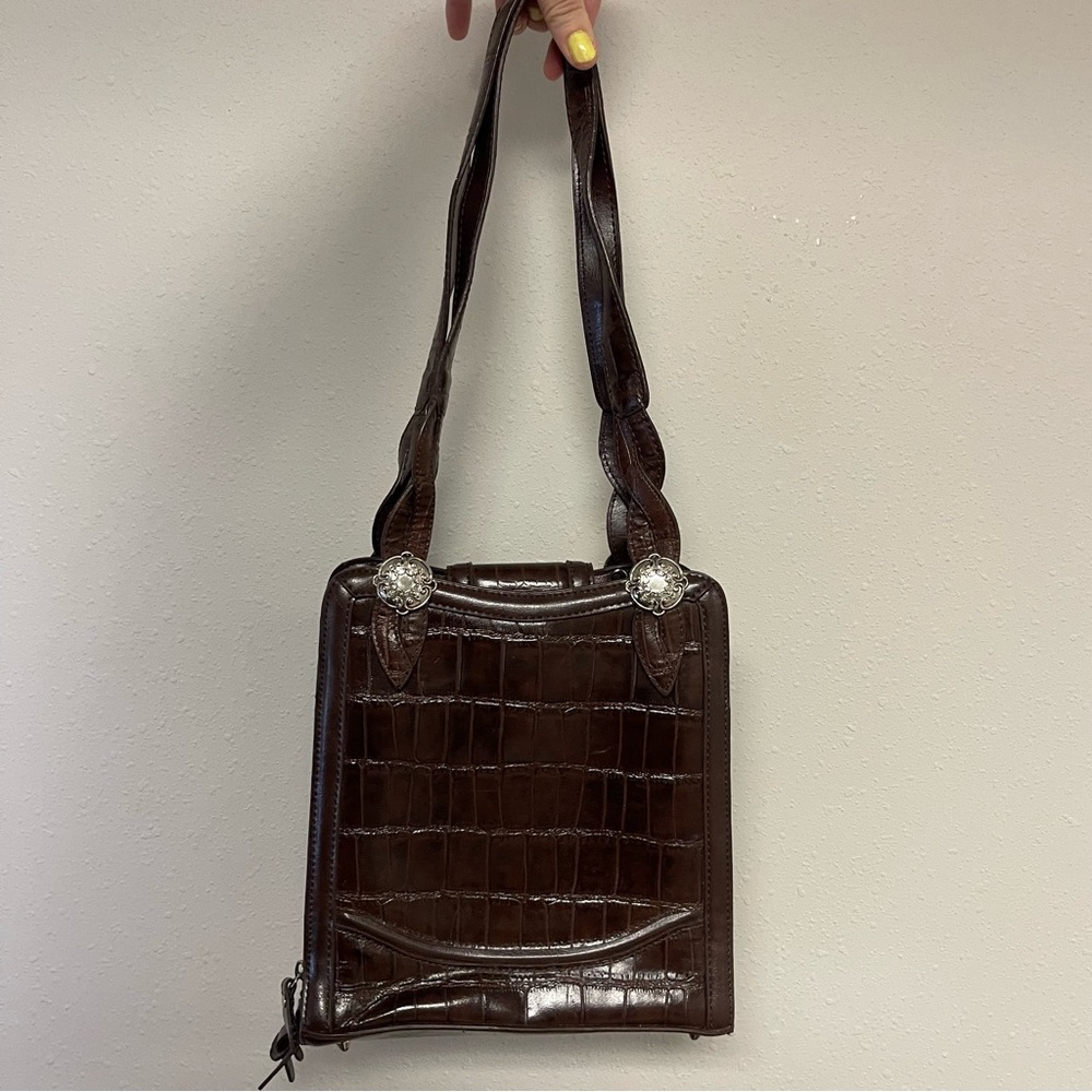 Vintage Marc Chantal Leather Shoulder Bag - Dark Brown & Croc Embossed - 10"